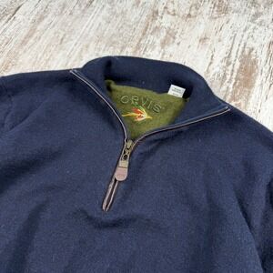 VTG Orvis Mens 100% Merino Wool Quarter Zip Sweater Navy Blue Medium Fly Fishing